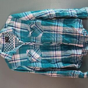Ultra Flirt Teal and White Plaid Button-Down Shirt